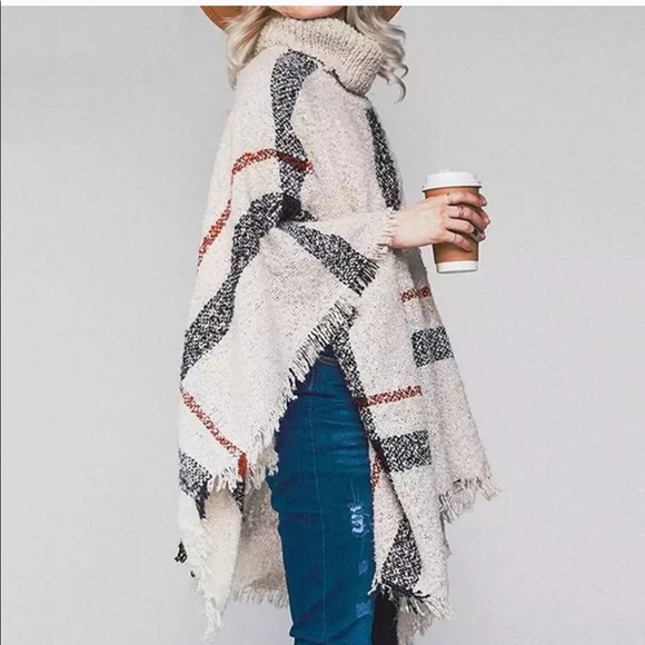 Plaid Turtle Neck Knit Poncho Sweater - Picture 2 of 3